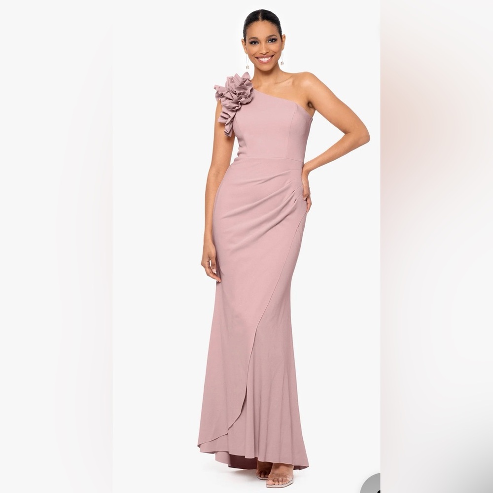 ONE SHOULDER RUFFLE SCUBA CREPE DRESS